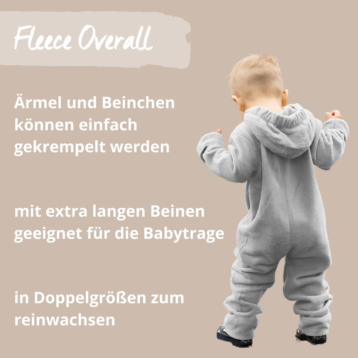 Hoppediz Baby Overall Fleece, stone 92-98 | Wärmender Overall mit extra langen Beinen, mit Daumenloch, Umschlagbündchen an den Füßen, ideal für Babytrage und Tragetuch