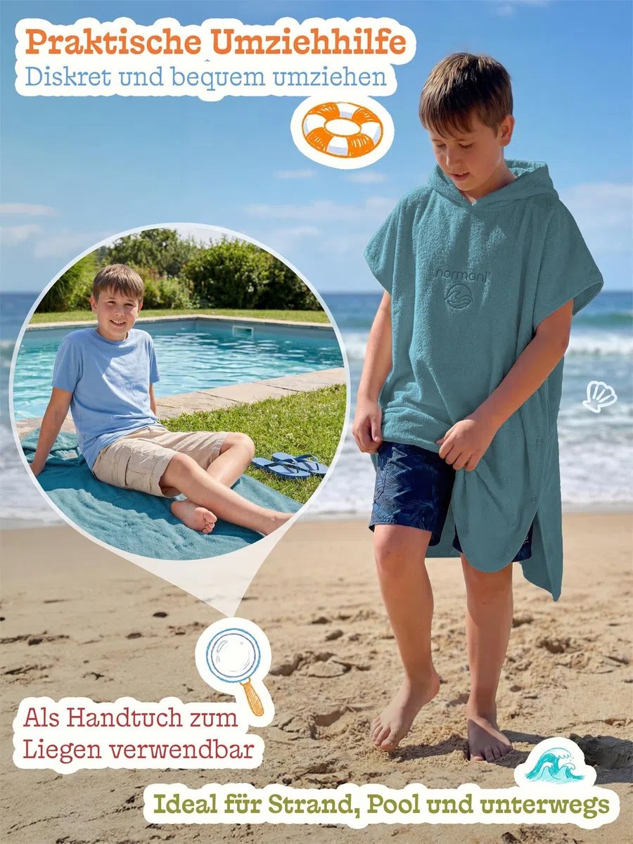 normani Kinder-Badeponcho Strandponcho - Handtuch-Poncho aus 100% natürlicher Bio-Baumwolle Handtuch Cape Badetuch mit Kapuze für Jungen und Mädchen 2-13 Jahre