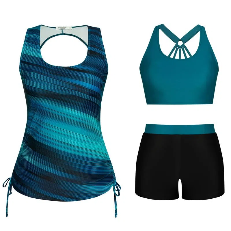 JASAMBAC 3-teiliger Damen Bauchweg Tankini Sets, Push-up-Bikinioberteil und High Waist Badeshorts, einfache Badebekleidung, Sport-Badeanzug,Bademode für Strand,Schwimmbad