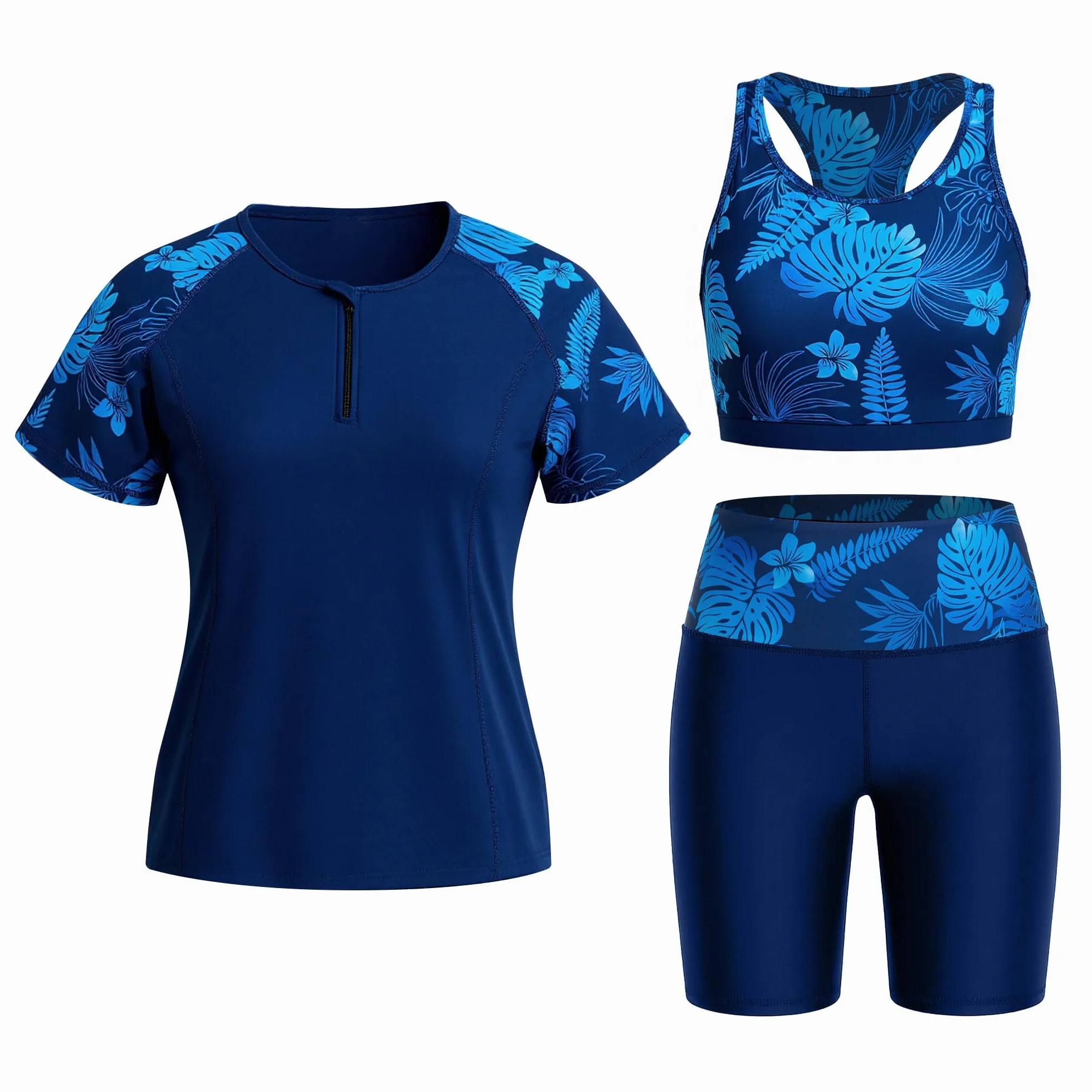 Owntop UV Rashguard Set Damen 3-teilig – Kurzarm Schwimmshirt mit Tanktop & Badehose, Schnelltrocknende Swimwear mit UV Schutz für Strand Schwimmen Wassersport
