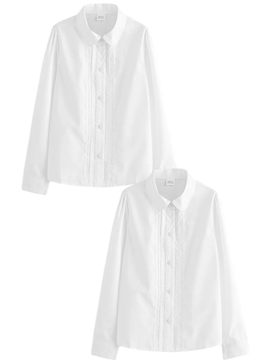 NEXT Mädchen Langärmelige Schulbluse mit Spitzenbesatz 2er-Pack 98-164