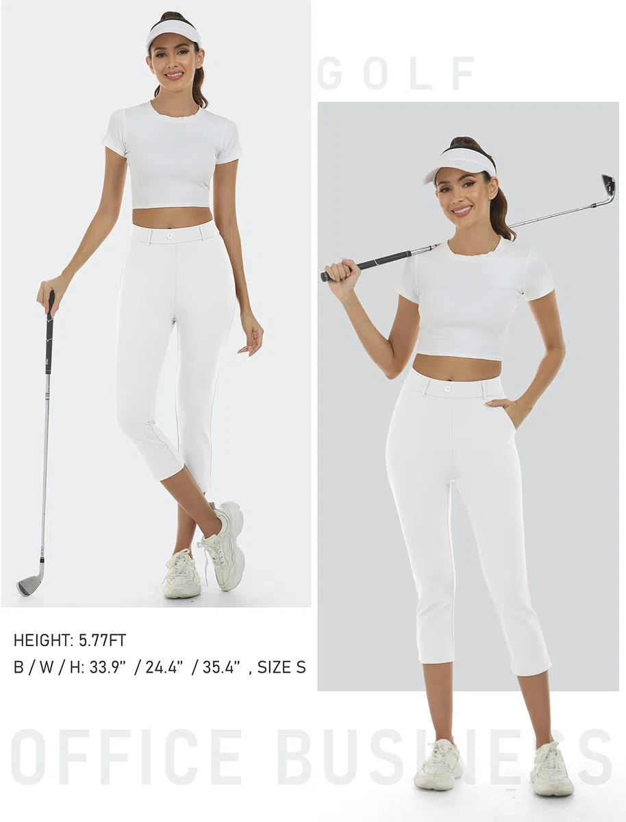 MoFiz Damen-Golfhose, Caprihose, Stretch, schmal, Business, Freizeit, gerades Bein, Yoga-Kleid, Hose mit Taschen, Bürohose