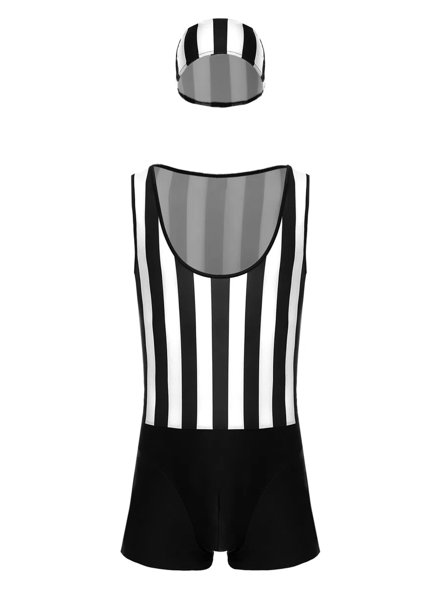 FEESHOW Herren Badeanzug Einteiler Schwimmanzug Retro Streifen Body Badekappe Set Shorty Overall Sport Surfen Schwimmkleidung
