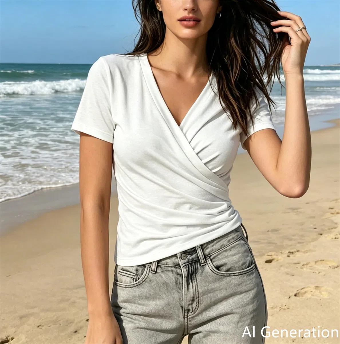 Vielseitiges Damen-T-Shirt mit überkreuztem V-Ausschnitt, Falten und kurzen Ärmeln