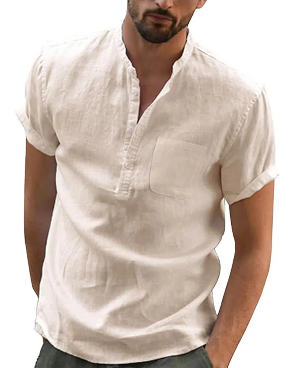 Leinen Hemd Herren Kurzarm Sommer Shirt Männer Henley mit Brusttasche Universal Fit M-3XL