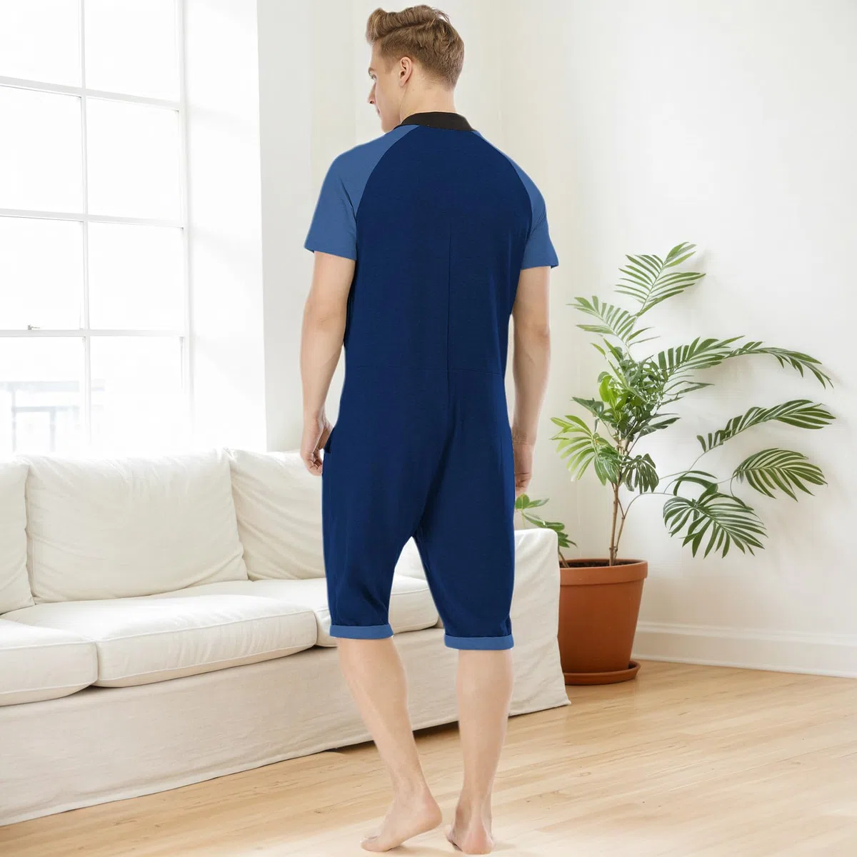 Herren Kurz Jumpsuit Onesie Sommer Overall Pyjama Hoodie Jogginganzug Männer T-Shirt Kurze Hose Schlafanzug Einteiler Sommerjumpsuit Schlafoverall Sportanzug Nachtwäsche