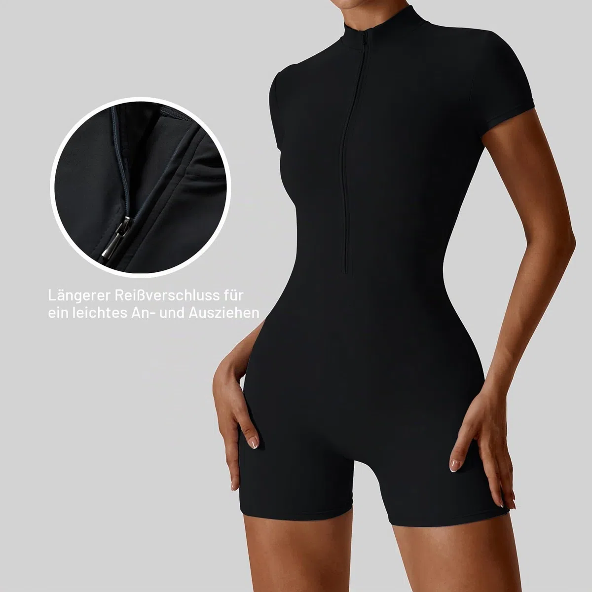 Litthing Damen Sport Jumpsuit Kurz Yoga Playsuit Eng mit V-Ausschnitt Reißverschluss Overall Body Outfits Bodycon Kurze Ärmel Stretch Jogging Strampler