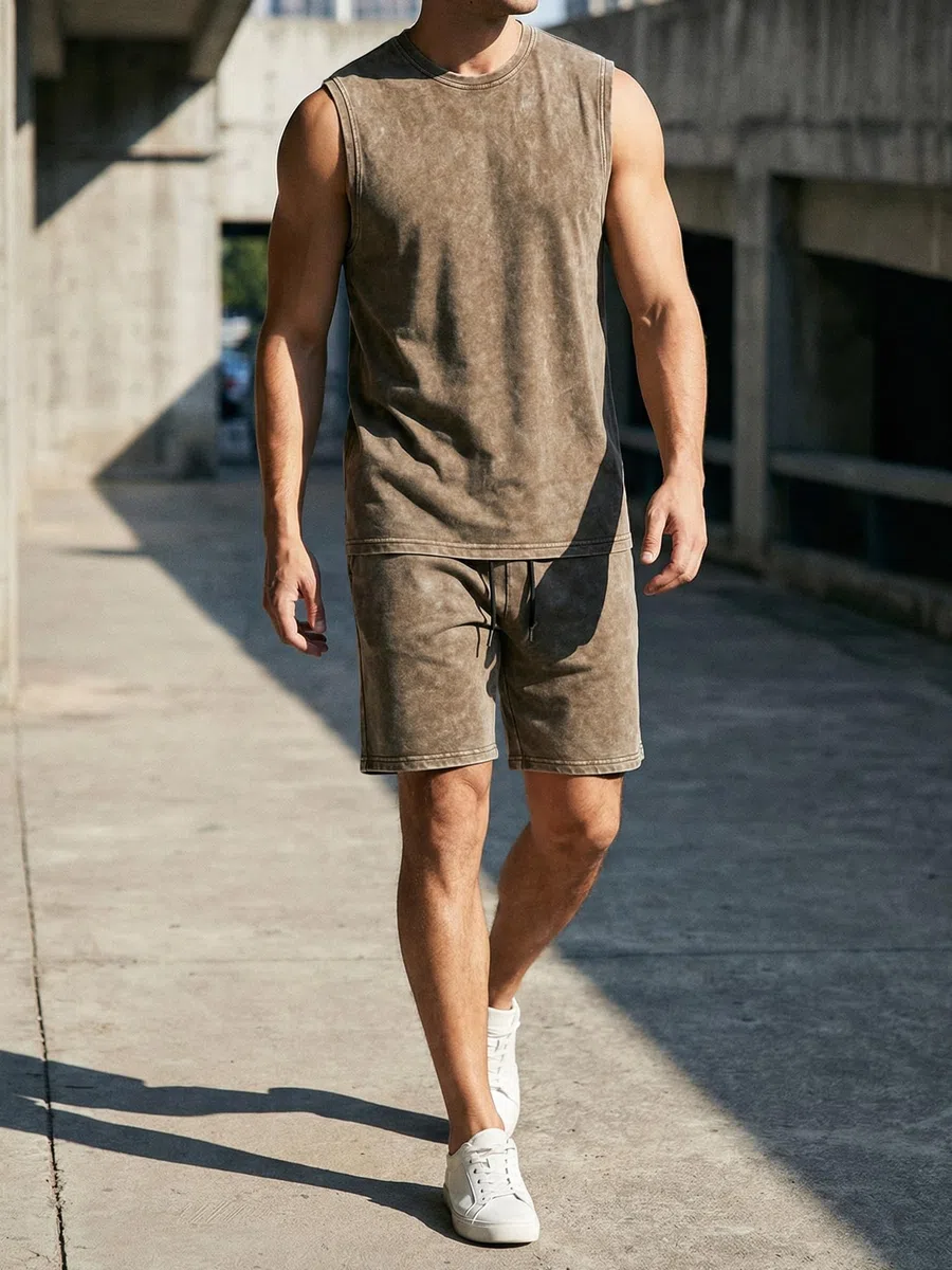 JMIERR Herren 2 Pcs Wasserwäsche Tanktop Outfits Baumwolle ärmellos T-Shirt und Short Vintage Sommer Set S-3XL