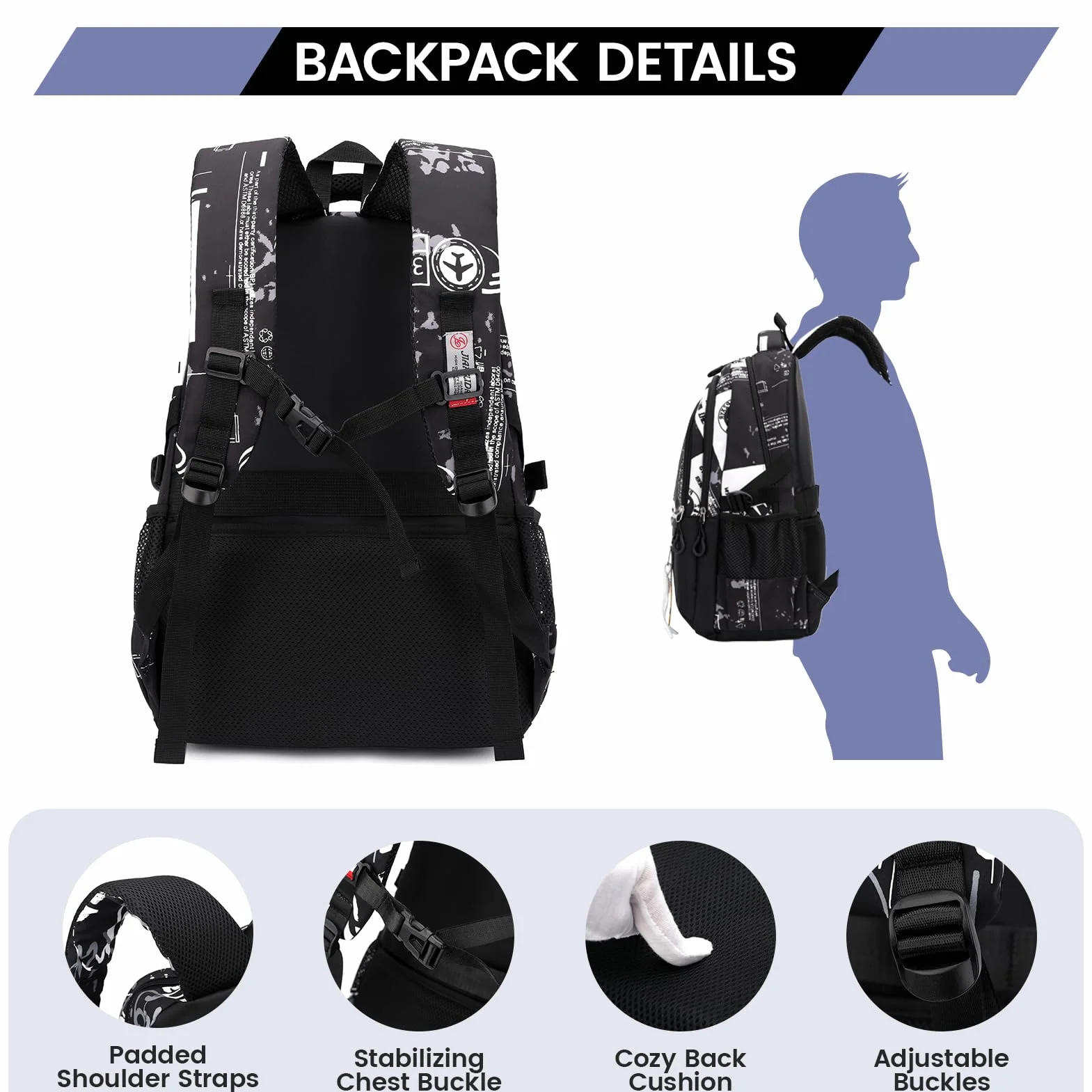 Amythe Schulrucksack Teenager Rucksack für Jungen - Wasserdichter Casual Daypack, Schulranzen Ideal für Schule, Reisen und Hochschulen, School Bag Schwarz