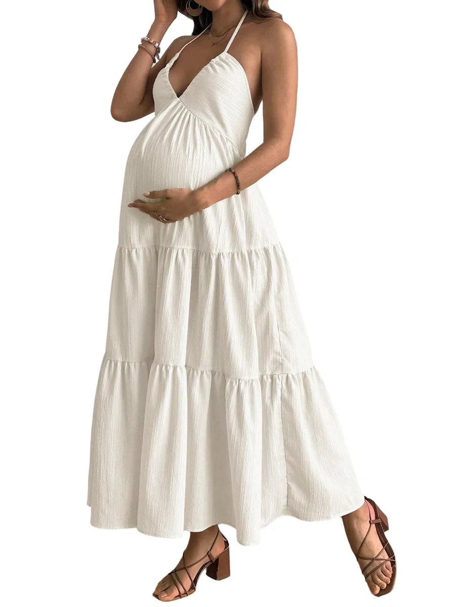 SweatyRocks Damen Boho Kleid Schwangere Maxikleid Neckholder Sommerkleid Rückefrei Umstandskleid Festlich Partykleid Sommer Outfits