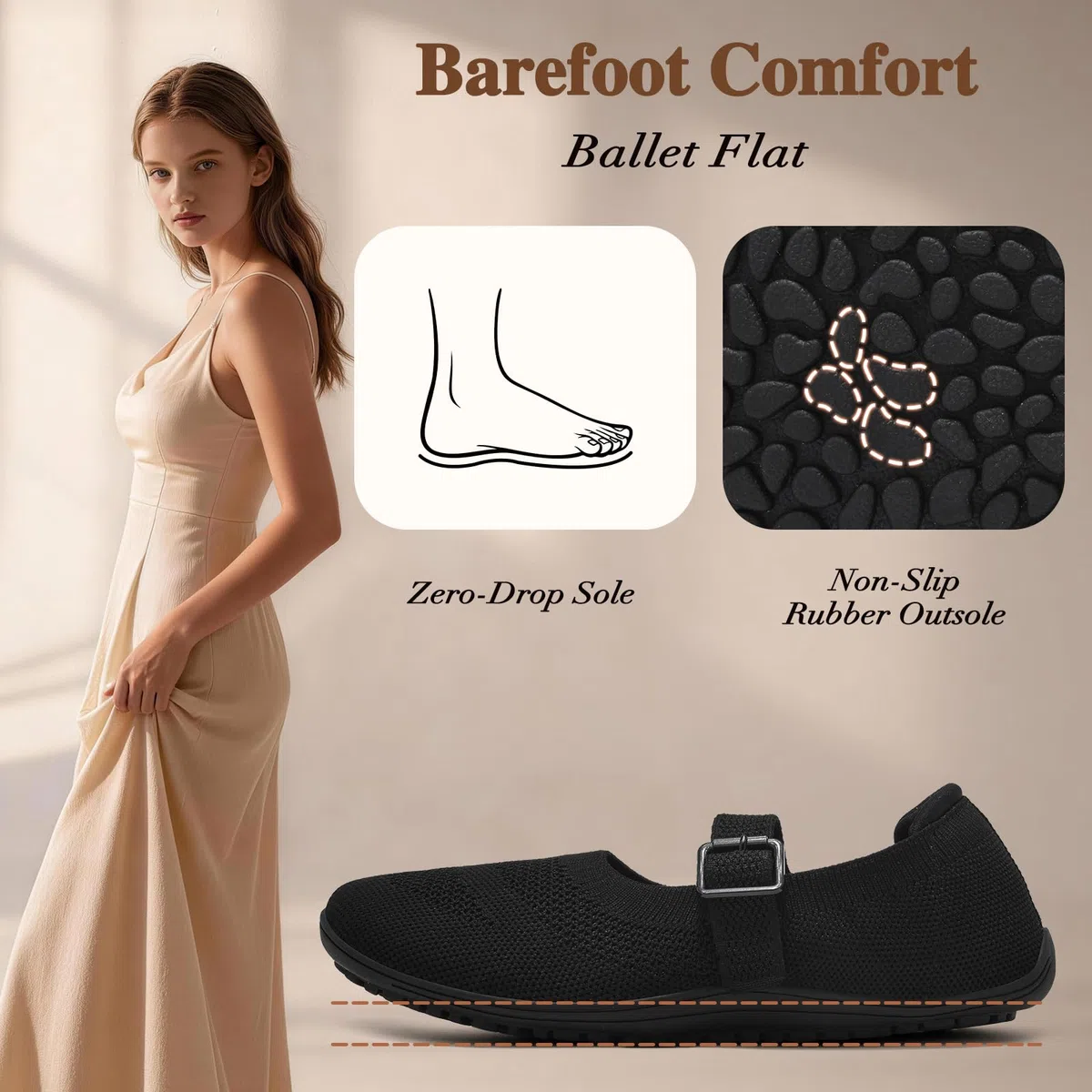 Wizshoe Damen Elegante Barfuß Ballerinas Bequeme Sommerschuhe mit Riemchen