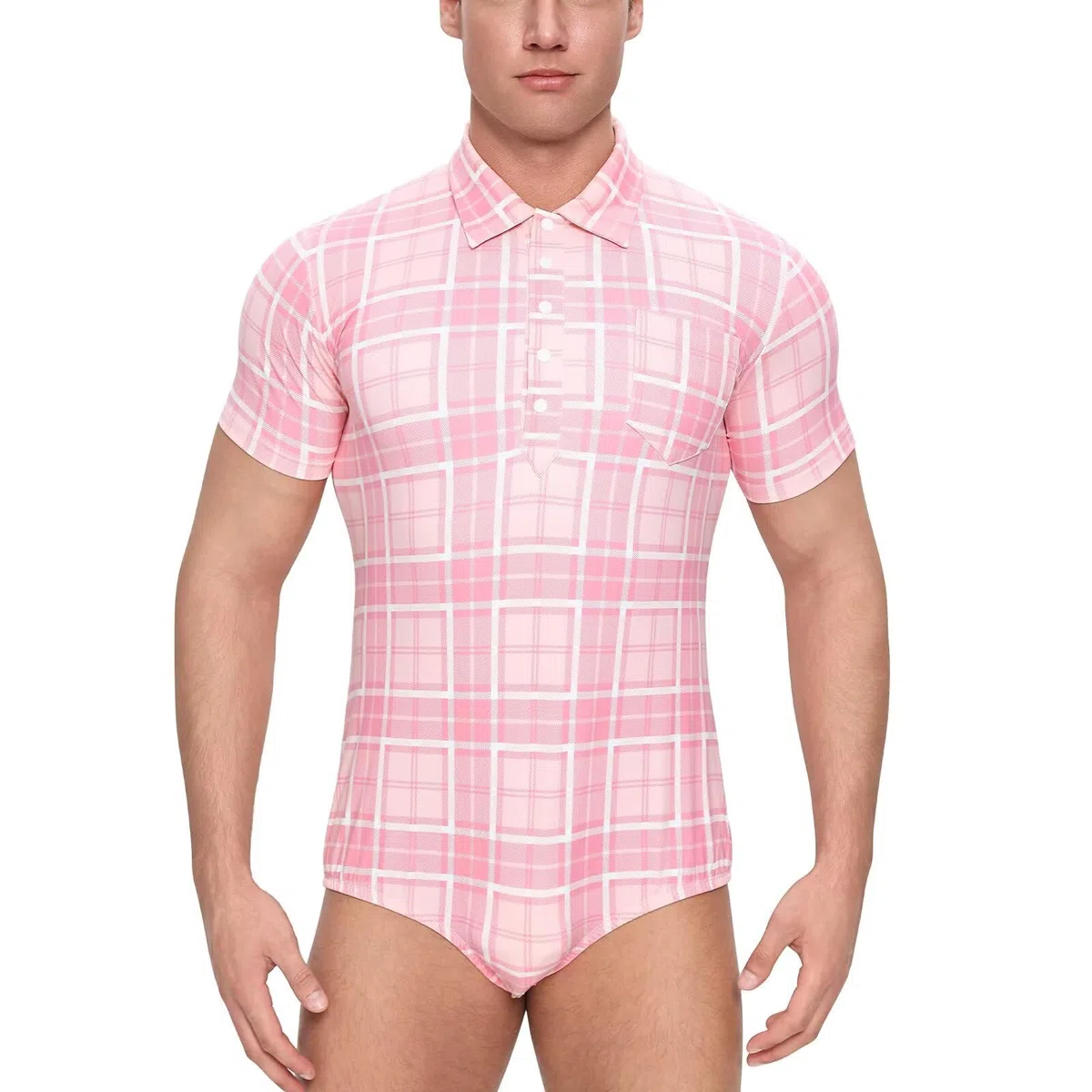 Landofgenie Herren Onesie Pyjama Kurzarm mit Polo-Kragen & Druckknöpfen im Schritt - Pink Karo