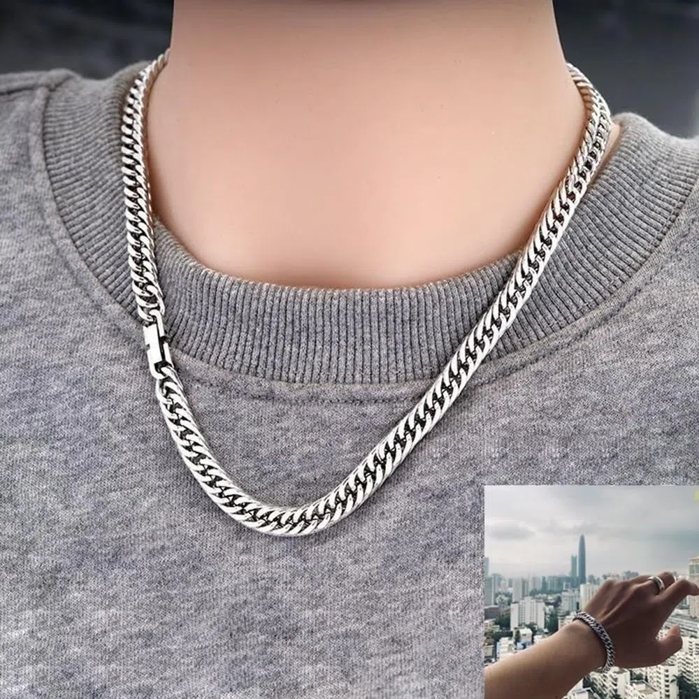 Doppelte Glieder Kette Aus Titan Und Armband Panzer Ketten Halskette,Hip Hop Schmuck Set Aus Massivem Titan