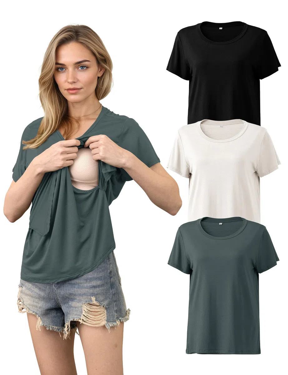 SUNNYBUY Still T-Shirts 3er-Set – Stillshirt Kurzarm für Damen – Bequeme Umstandsmode für Schwangerschaft und Stillzeit