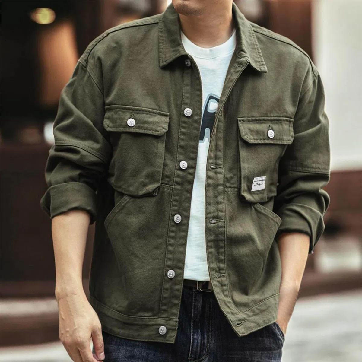 Generisch Jeansjacke Herren Hemdjacke Baumwolle Blouson Jacke Freizeit Übergangsjacke Modische Herbstjacke Lässig Herrenjacke mit Brusttaschen Freizeitjacke Männer Arbeitsjacke Bomberjacke