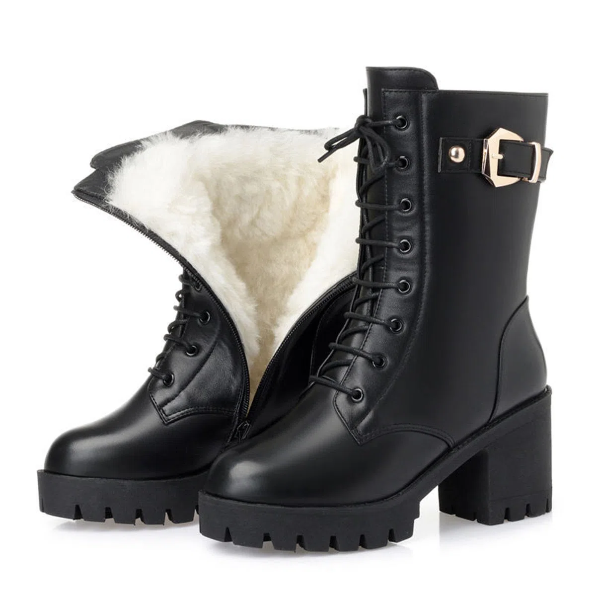 Winterstiefel Damen Mit Absatz Gefüttert Schwarz Schnürstiefel Chunky Heel Rutschfest Schneestiefel Hohe Stiefel Winter Warme Outdoorschuhe Biker Bequem Schlupfstiefel Damenstiefel Boots Retro Up