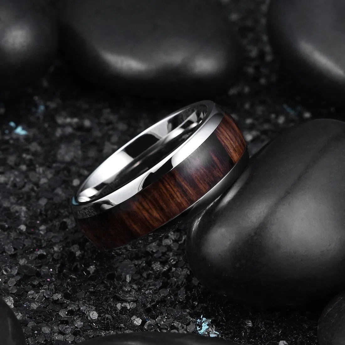 King Will 8mm silberner Titanring mit Holzeinlage - Innenloch, Ehering für Männer, hochglanzpolierte, abgeschrägte Kanten, komfortable Passform
