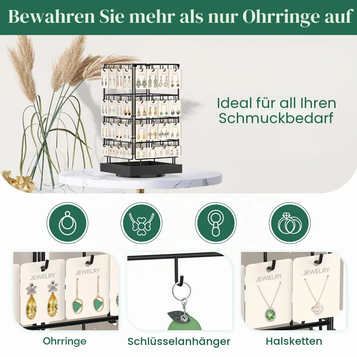 EsLuker.ly Rotierender Ohrringständer Ohrringe Aufbewahrung Ohrringhalter Organizer für Verkäufer, Ohrringkarten Schmuckaufbewahrung Earring Rack Display Stand mit 64 Haken, Schwarz