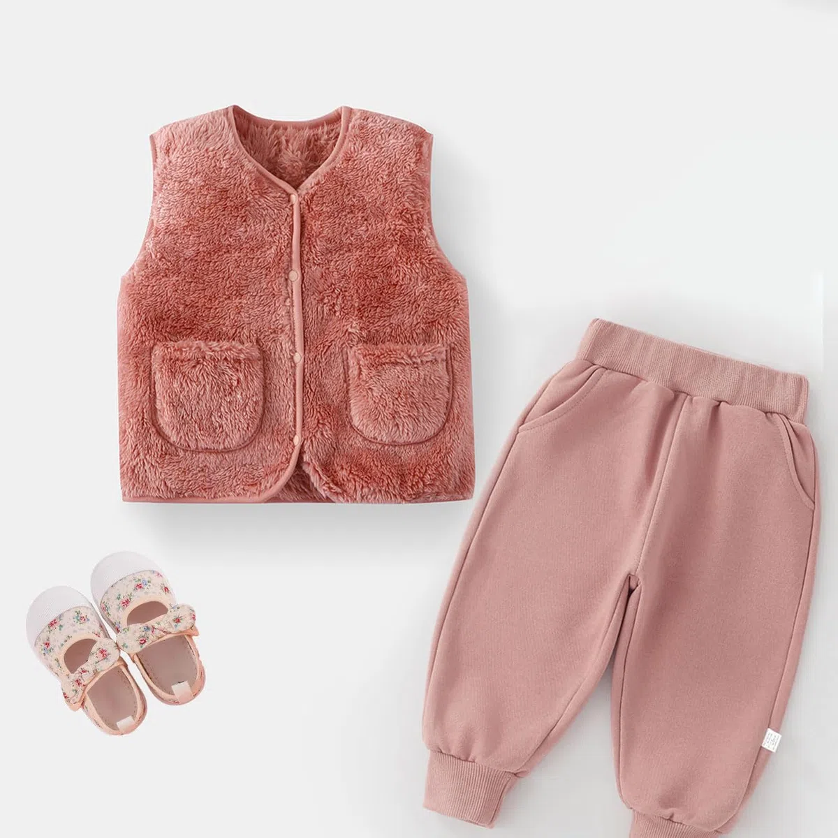 Baby Mädchen Weste Winter Fleece Jacken, Baby Warme Fleecejacke, Kleinkind Süß Druckknöpfen Fleeceweste Kinder Ärmellose Gilet, Unisex Waistcoat Jacke mit Tasche, Beige/Rosa, 1-7 Jahre