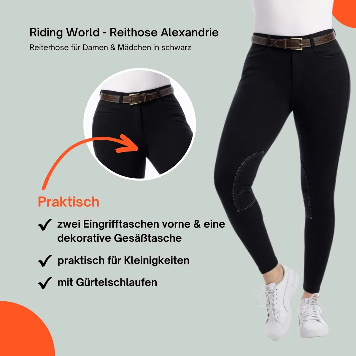Riding World - Reithose für Damen & Kinder Alexandrie | Reiterhose mit Kniebesatz aus Stoff | mit Eingrifftaschen vorn | Reitleggings in sechs Farben | Reitbekleidung in Größe 104-176 & 32-44