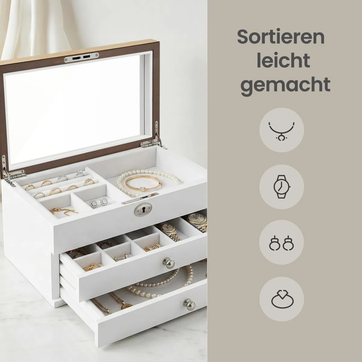 SONGMICS Schmuckkästchen 3 Ebenen, Schmuckkasten, Schmuckschatulle, großer Spiegel, 2 Schubladen, abschließbar, Geschenkidee, für Ringe, Ohrringe, Armbänder, Halsketten, weiß-holzfarben JOW15WN