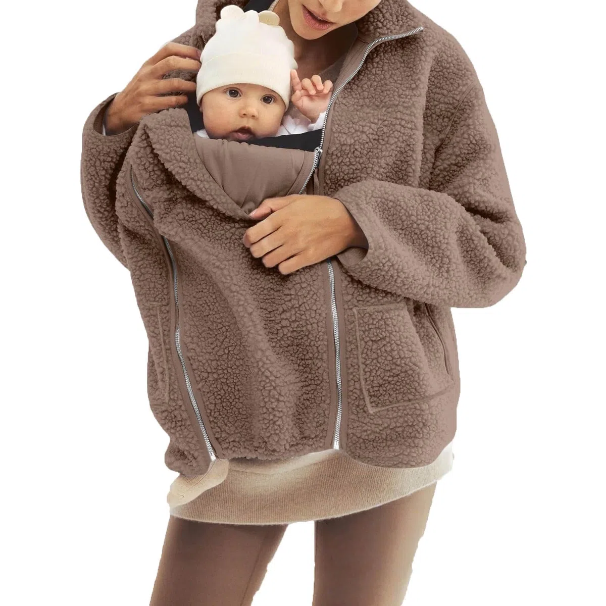 SYDUZAX Umstandsjacke mit Babyeinsatz Warm Teddy Fleecejacke Umstands Baumwolljacke Winter Umstandsmode 2 in 1 Tragejacke mit Taschen Teddyfleece Winterjacke Flauschig Weich Plüschjacke große Größe