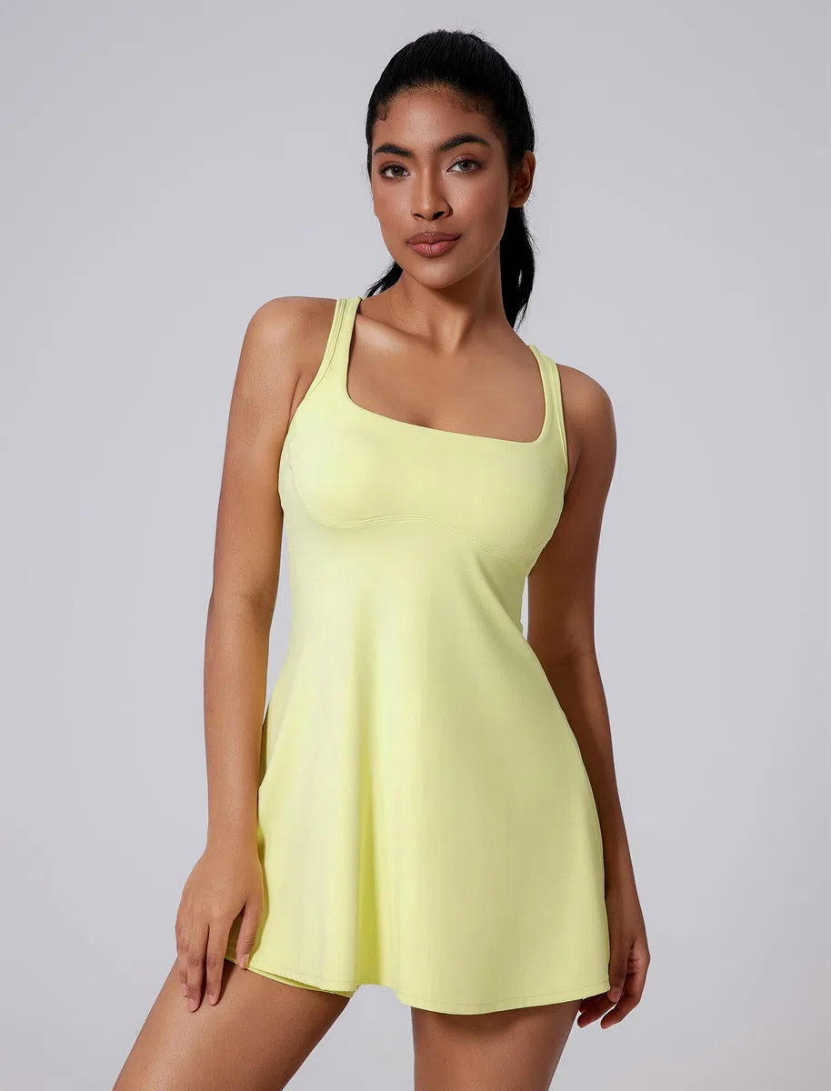 IDOPIP Tenniskleid Damen mit Hose und Tasche: Rückenfrei kurz Sommerkleid mit integriertem BH und Shorts - Schnelltrocknend Sportkleid für Tennis, Golf und Yoga