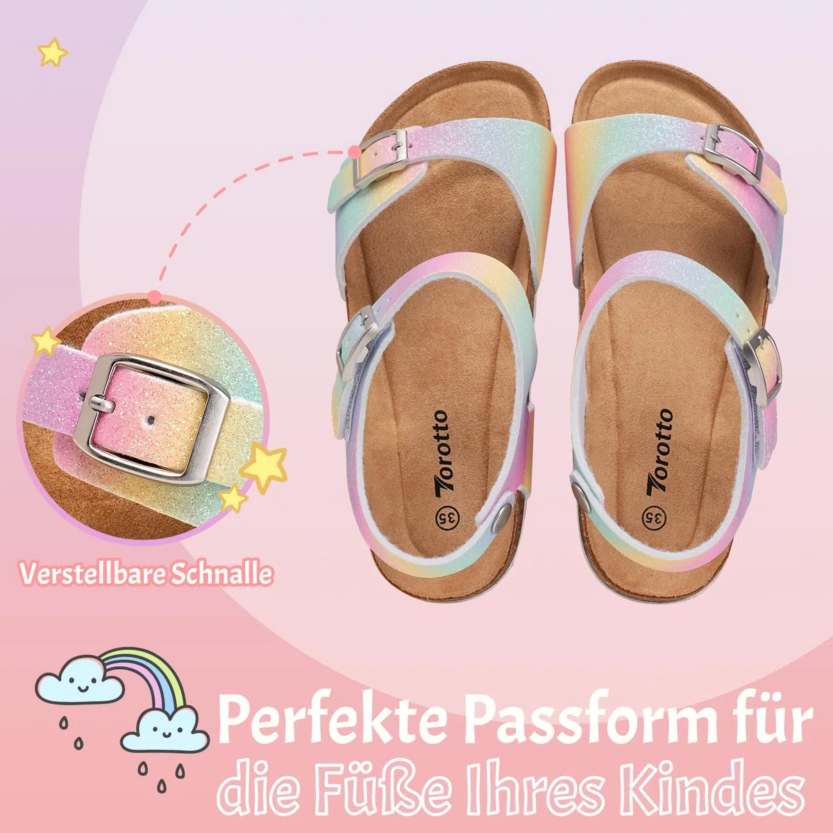 Torotto Sandalen Mädchen Jungen Mit Kork Sandals Kinder Pantoffeln Riemen Verstellbare Schnalle Rutschfeste Mit Klettverschluss Sandaletten für Drinnen und Draußen