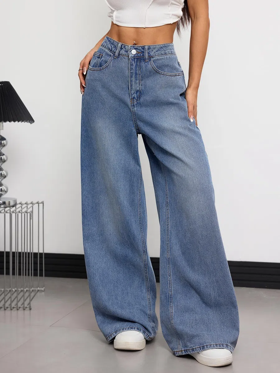 Damen Baggy Jeans Weite Beine Denim Hose Y2K 90er Vintage Hip Hop Loose