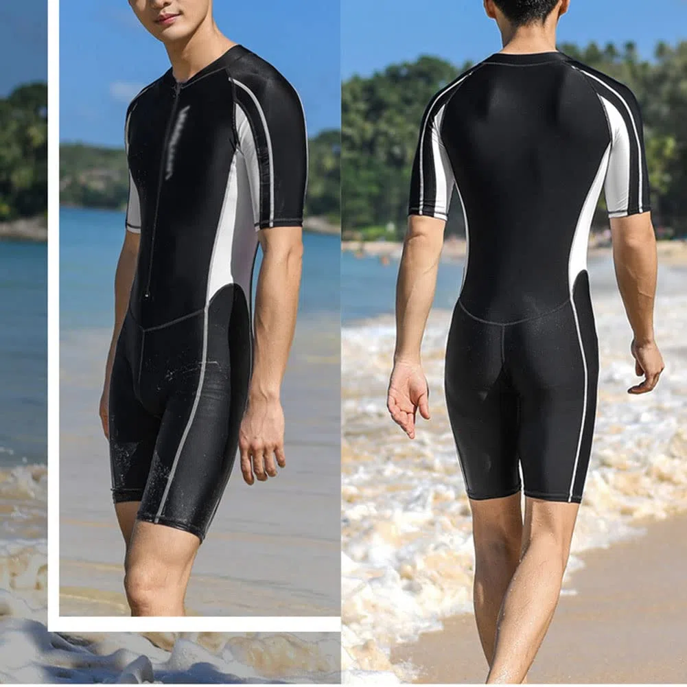 Herren Einteiliger Badeanzug Kurzarm Badehose Surfanzug Zipper Badeshirt mit Shorts Gymnastikanzug Training Bademode Schwimmanzug Schutzkleidung Sonnenschutz Sonnenanzug Taucheranzug