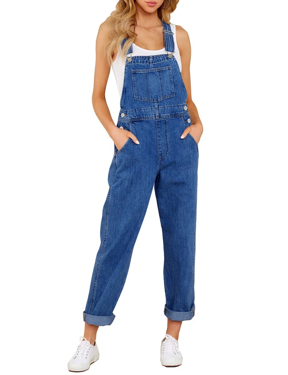 Roskiky Lässige Stretch Denim Latzhose für Damen, Jeans Overalls mit Taschen