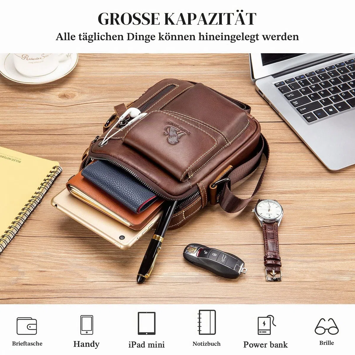 BAIGIO Umhängetasche Herren Leder Schultertasche Vintage Crossbody Bag Messenger Herrentasche zum Umhängen Ledertasche Männer Tasche mit Verstellbarem Gurt für Business Arbeit Reise, Braun