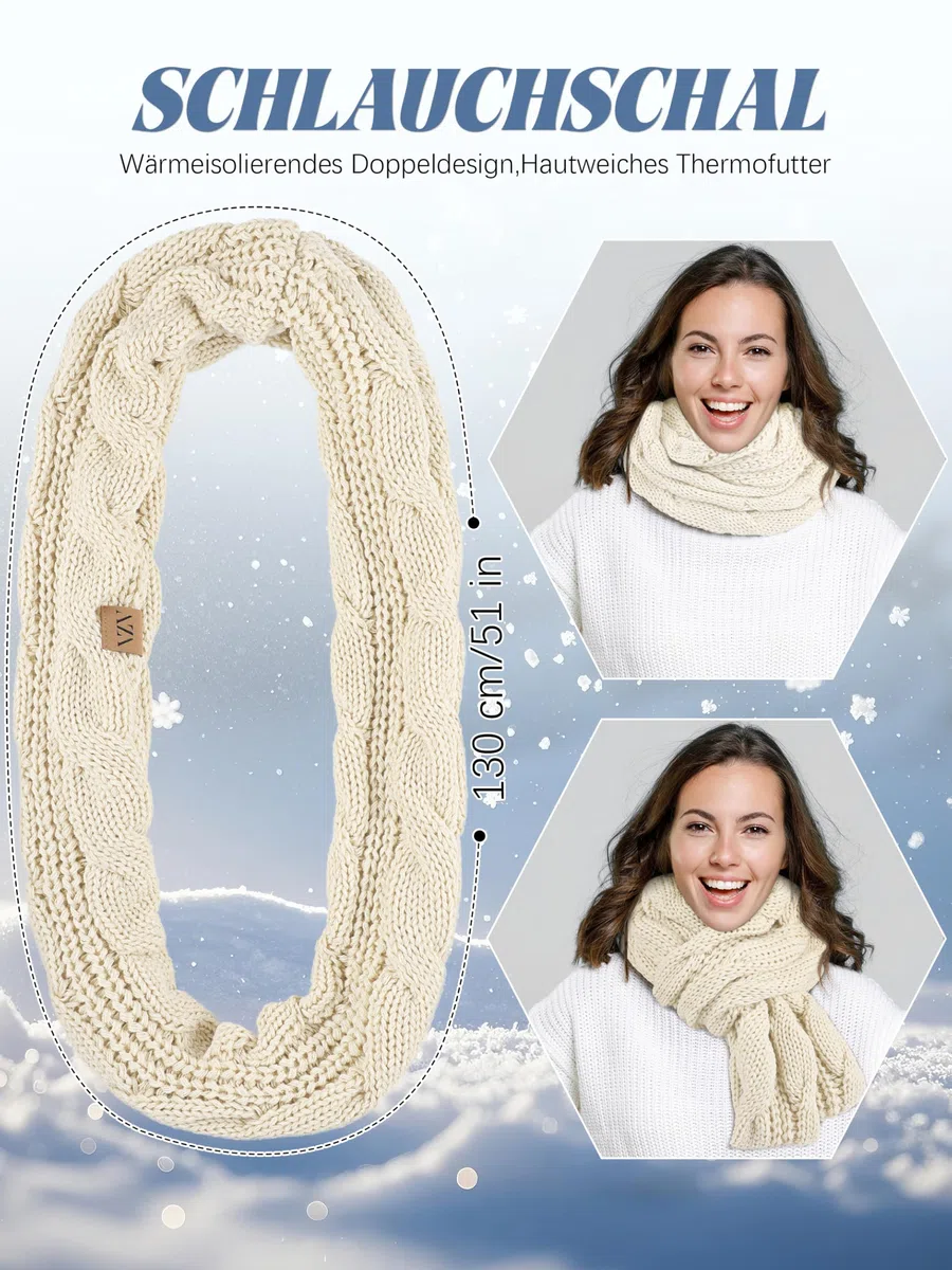 VZV Winter Set für Damen, Strickmütze mit Schal und Touchscreen-Handschuhe, Warmer Halswärmer, Schwarz