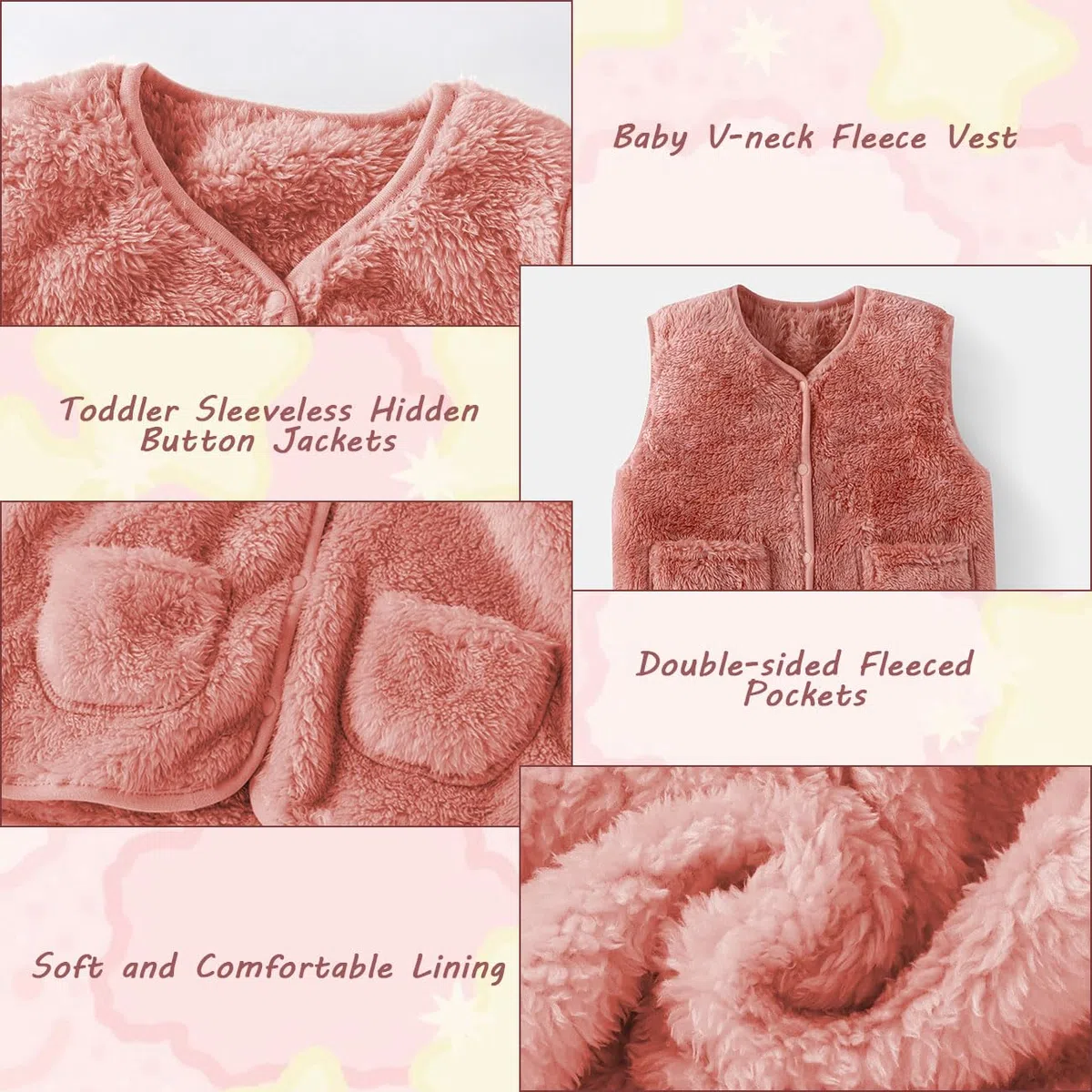 Baby Mädchen Weste Winter Fleece Jacken, Baby Warme Fleecejacke, Kleinkind Süß Druckknöpfen Fleeceweste Kinder Ärmellose Gilet, Unisex Waistcoat Jacke mit Tasche, Beige/Rosa, 1-7 Jahre