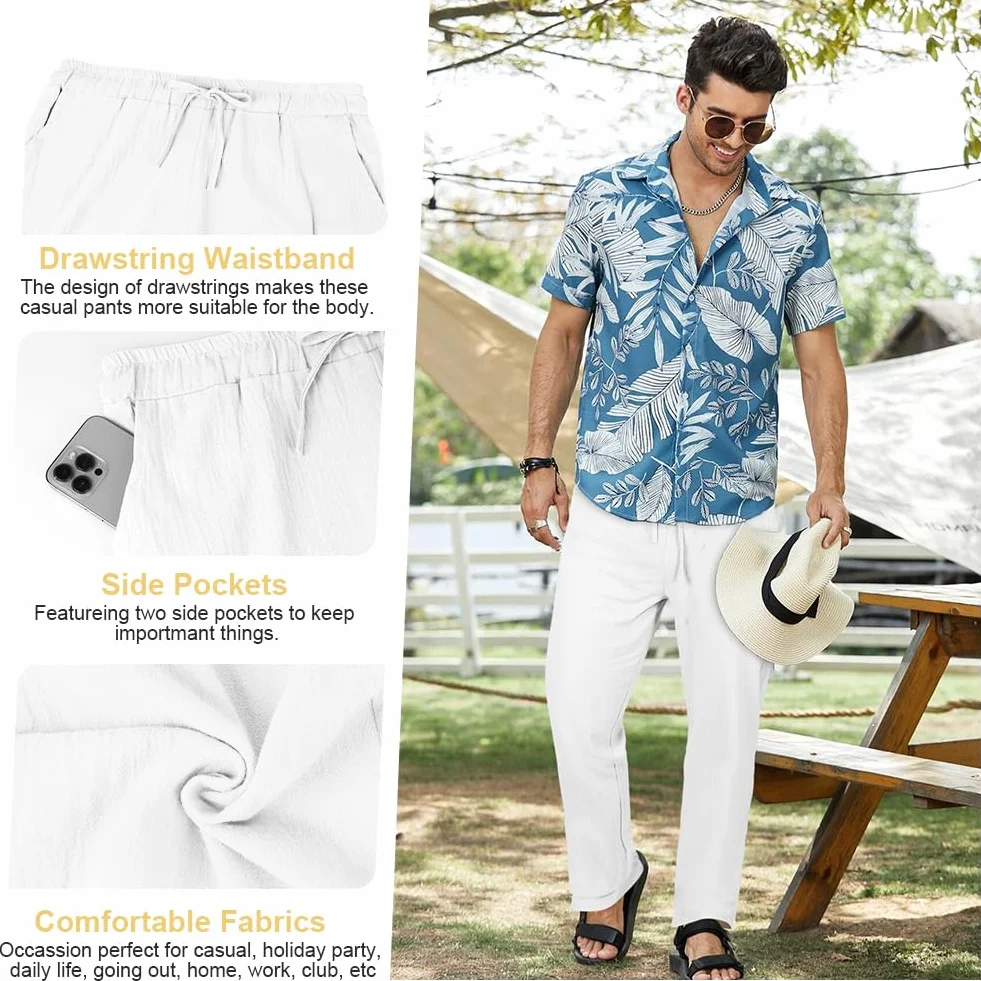 AUYAO Herren Baumwolle Sommerhose Lang Leichte Loosehose mit Taschen Kordelzug für Urlaub Strand Yoga Gehen Alltag - Weißhose Khaki Hosen M~XL
