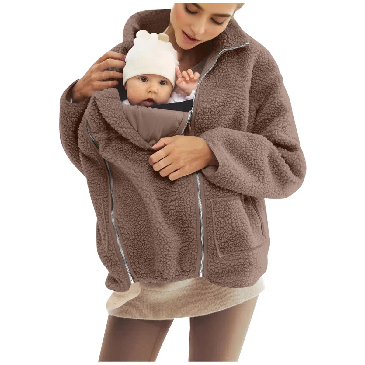 SYDUZAX Umstandsjacke mit Babyeinsatz Warm Teddy Fleecejacke Umstands Baumwolljacke Winter Umstandsmode 2 in 1 Tragejacke mit Taschen Teddyfleece Winterjacke Flauschig Weich Plüschjacke große Größe