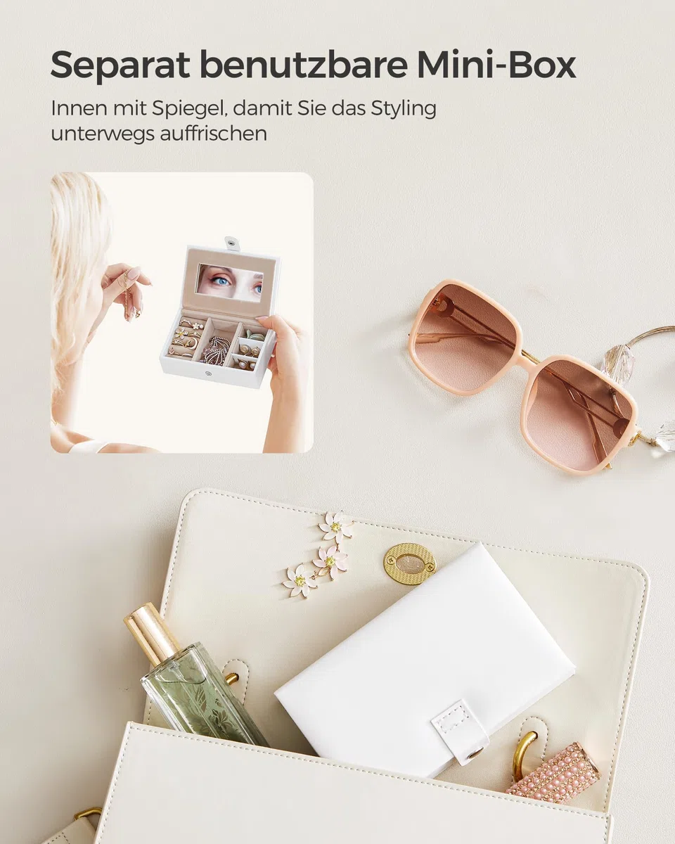 SONGMICS Schmuckkästchen 3 Ebenen, Schmuckkasten mit 2 Schubladen, Schmuckschatulle mit tragbarer Mini-Box für Reisen, mit Griff, abschließbar, Schmuckaufbewahrung, Geschenkidee, weiß JBC121W