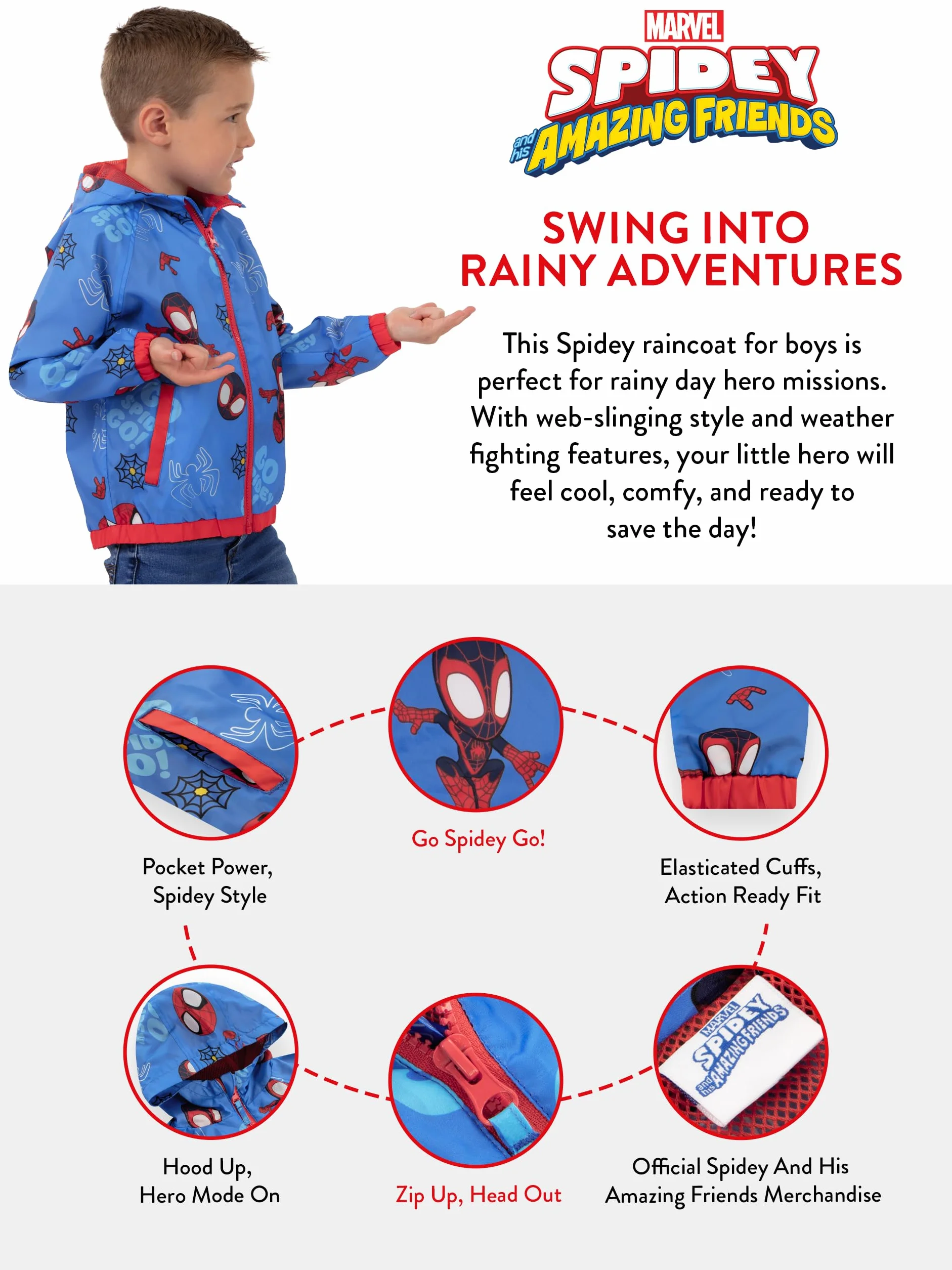 Marvel Regenmantel Kinde, Regenjacke Kinder Mit Kapuze, Spidey And His Amazing Friends Jacke Jungen