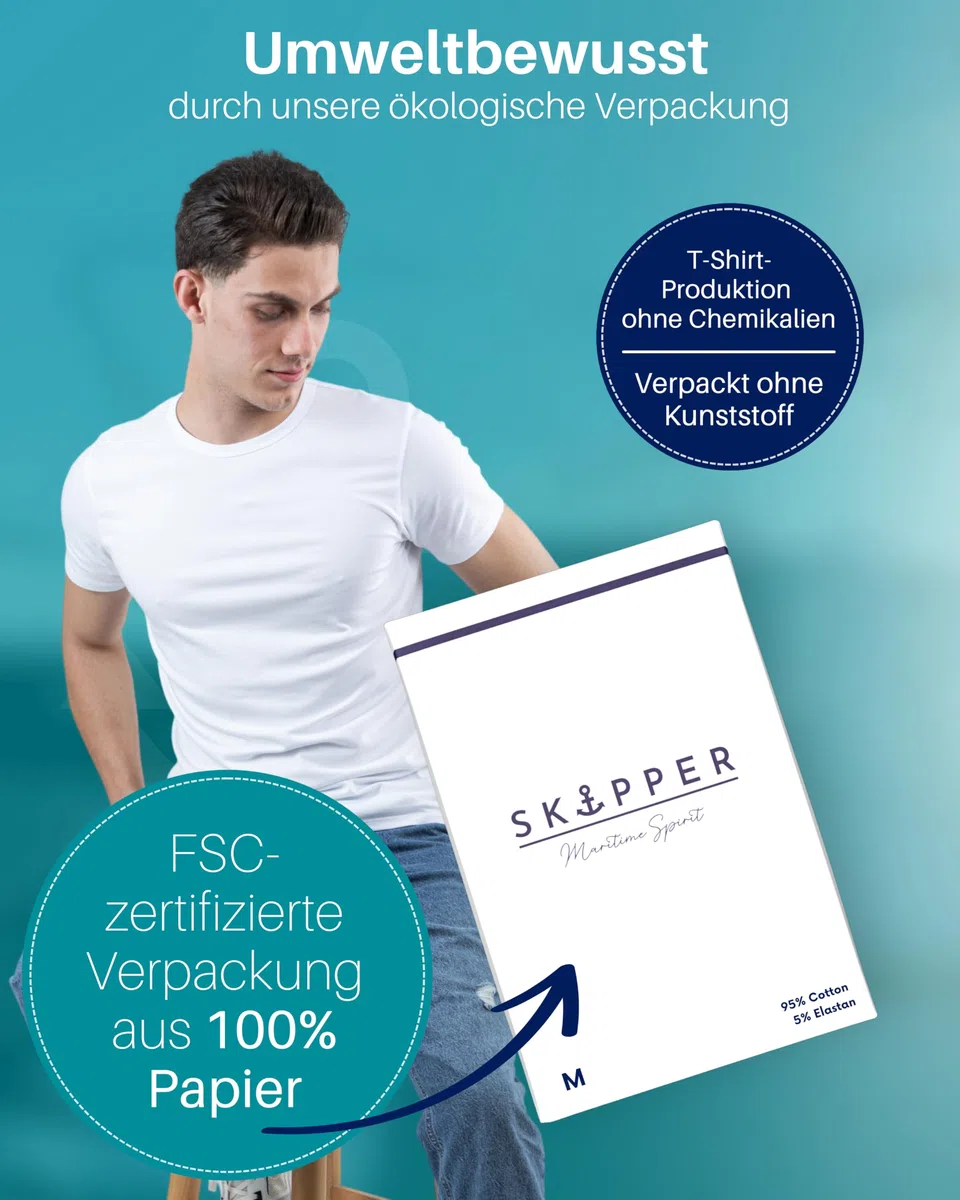 SKIPPER Herren T-Shirts 3er Pack Rundhals Weiß – Markanter Style durch verstärkten Kragen, Stretch Baumwolle – Perfekter Sitz & Formstabil – Slim Fit S–3XL