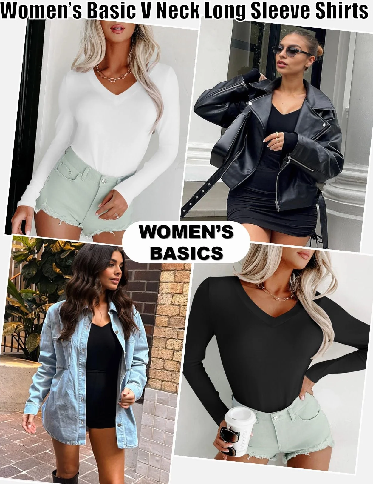 Ekouaer Damen 3 Pack Langarmshirt V-Ausschnitt Unterhemd Sexy Layer Tee Dünn Thermo Oberteil Slim Fit Basic Tops S-XXL