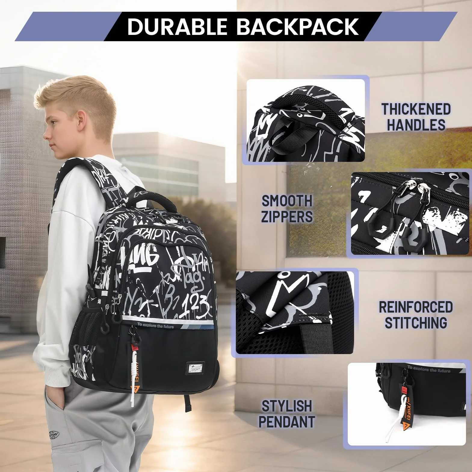 Amythe Schulrucksack Teenager Rucksack für Jungen - Wasserdichter Casual Daypack, Schulranzen Ideal für Schule, Reisen und Hochschulen, School Bag Schwarz