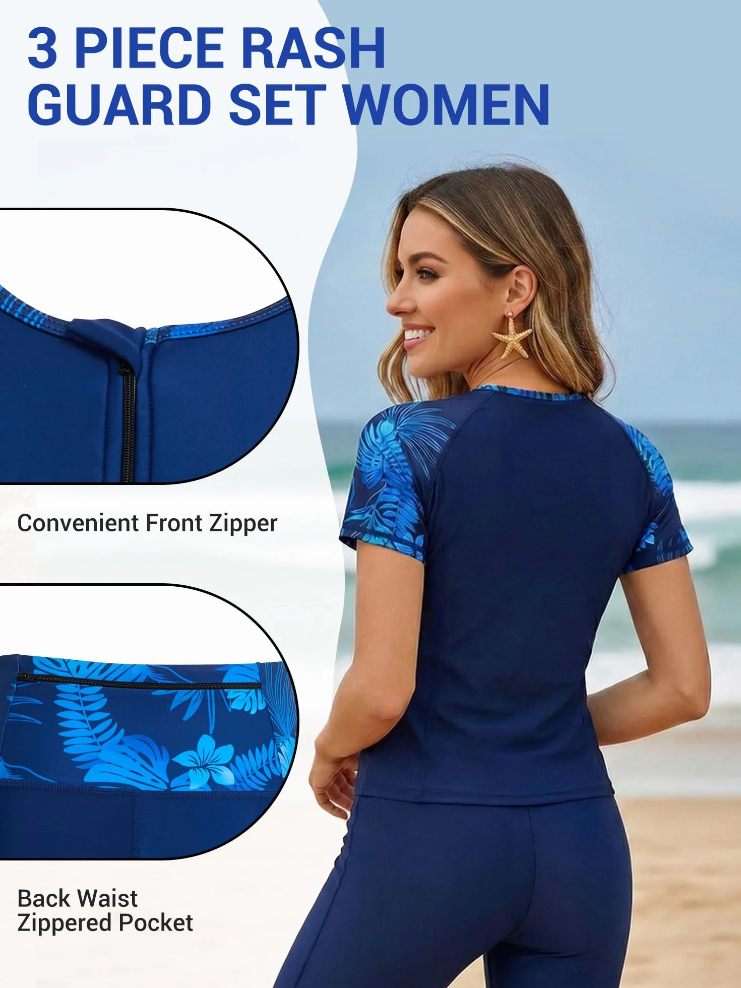 Owntop UV Rashguard Set Damen 3-teilig – Kurzarm Schwimmshirt mit Tanktop & Badehose, Schnelltrocknende Swimwear mit UV Schutz für Strand Schwimmen Wassersport