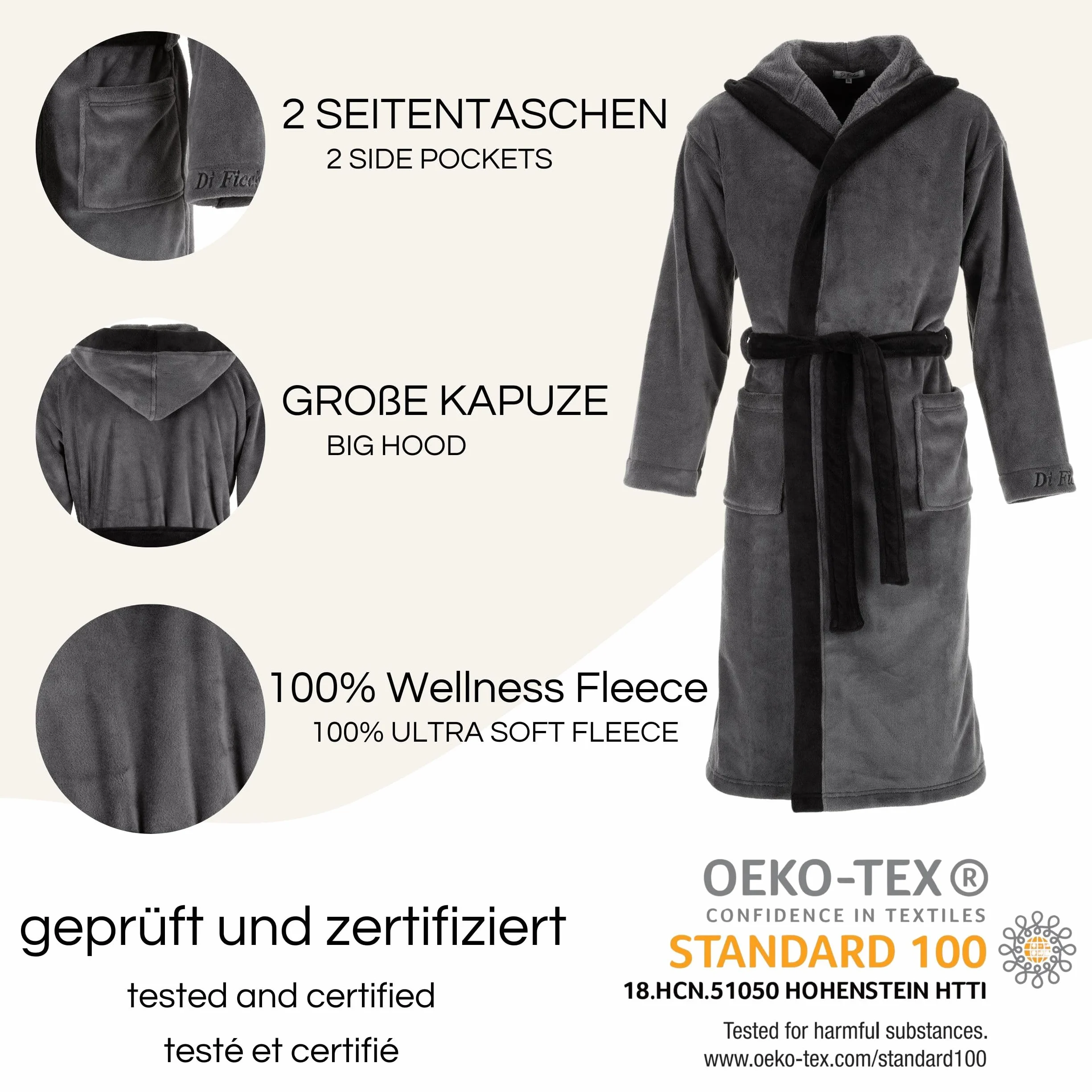 Di Ficchiano Herren Bademantel Monza mit Kapuze I Morgenmantel flauschig I Nachtwäsche aus edler Mikrofaser I Kimono mit Farb- & Größenauswahl S - 5XL I Bath-Robe Öko-Tex Standard 100