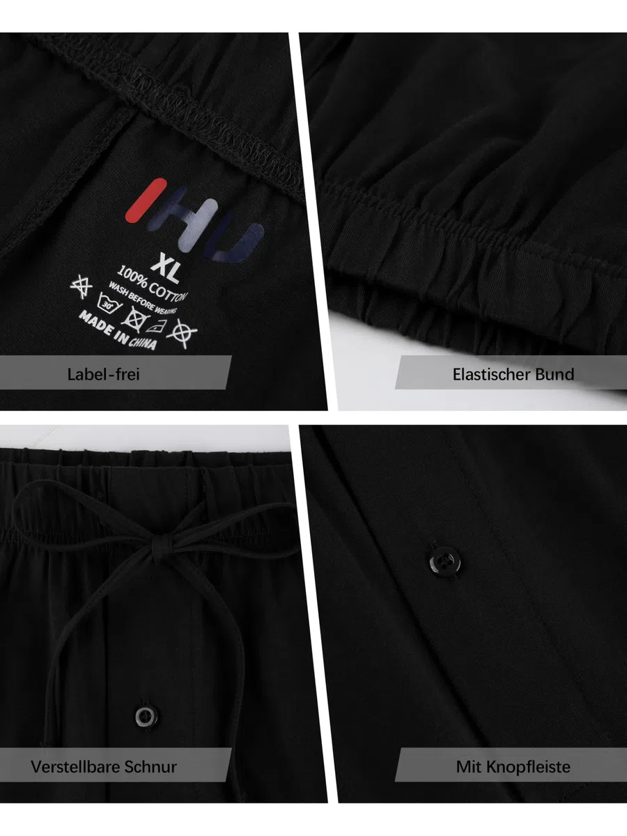IHU 3er Pack Schlafanzughose Herren Kurz Baumwolle Sommer Kurze Schlafhose Pyjama-Hose Loungehose mit Elastischem Bund und Taschen