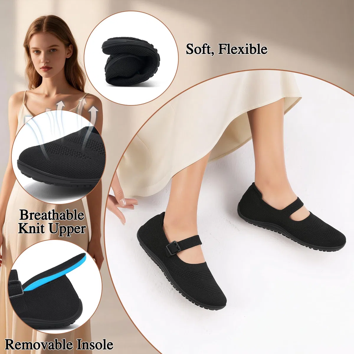 Wizshoe Damen Elegante Barfuß Ballerinas Bequeme Sommerschuhe mit Riemchen