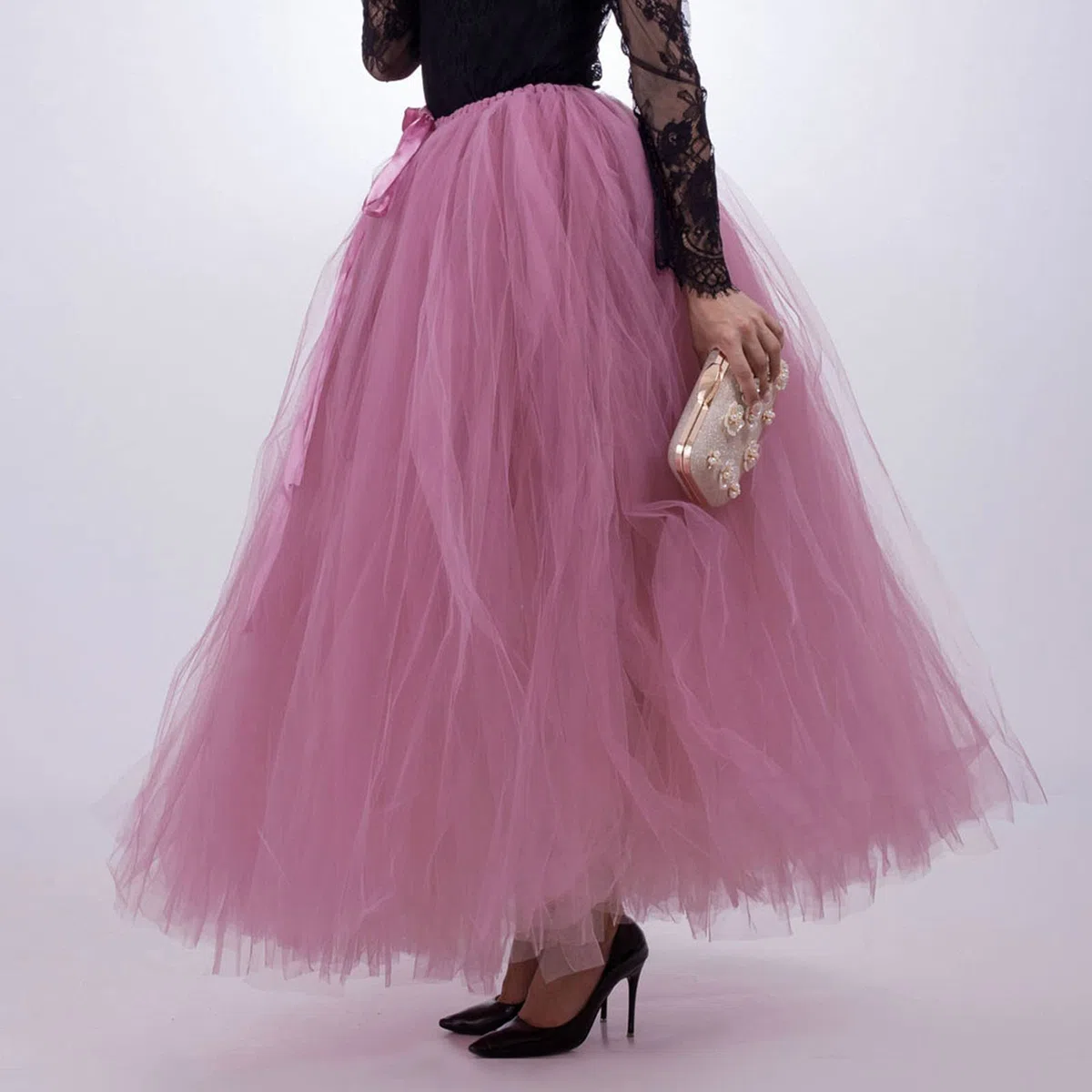 Tüllrock Damen Lang Nädchen Gefalteter Schlank Rock Elegant Elastisch Hohe Taille Stufendecke Mesh Tutu Röcke Puffy Maxi Röcke A-Line Stufe Tutu Prom Hochzeit Tüll Röcke
