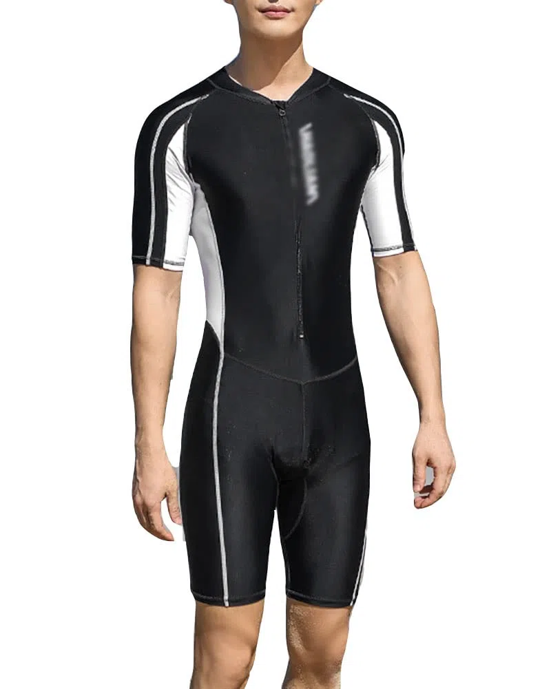 Herren Einteiliger Badeanzug Kurzarm Badehose Surfanzug Zipper Badeshirt mit Shorts Gymnastikanzug Training Bademode Schwimmanzug Schutzkleidung Sonnenschutz Sonnenanzug Taucheranzug