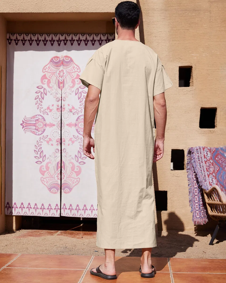 YAOHUOLE Herren Kaftan Seite Split Islamische Kleidung mit Taschen Leinen Kaftan Herren Thobe