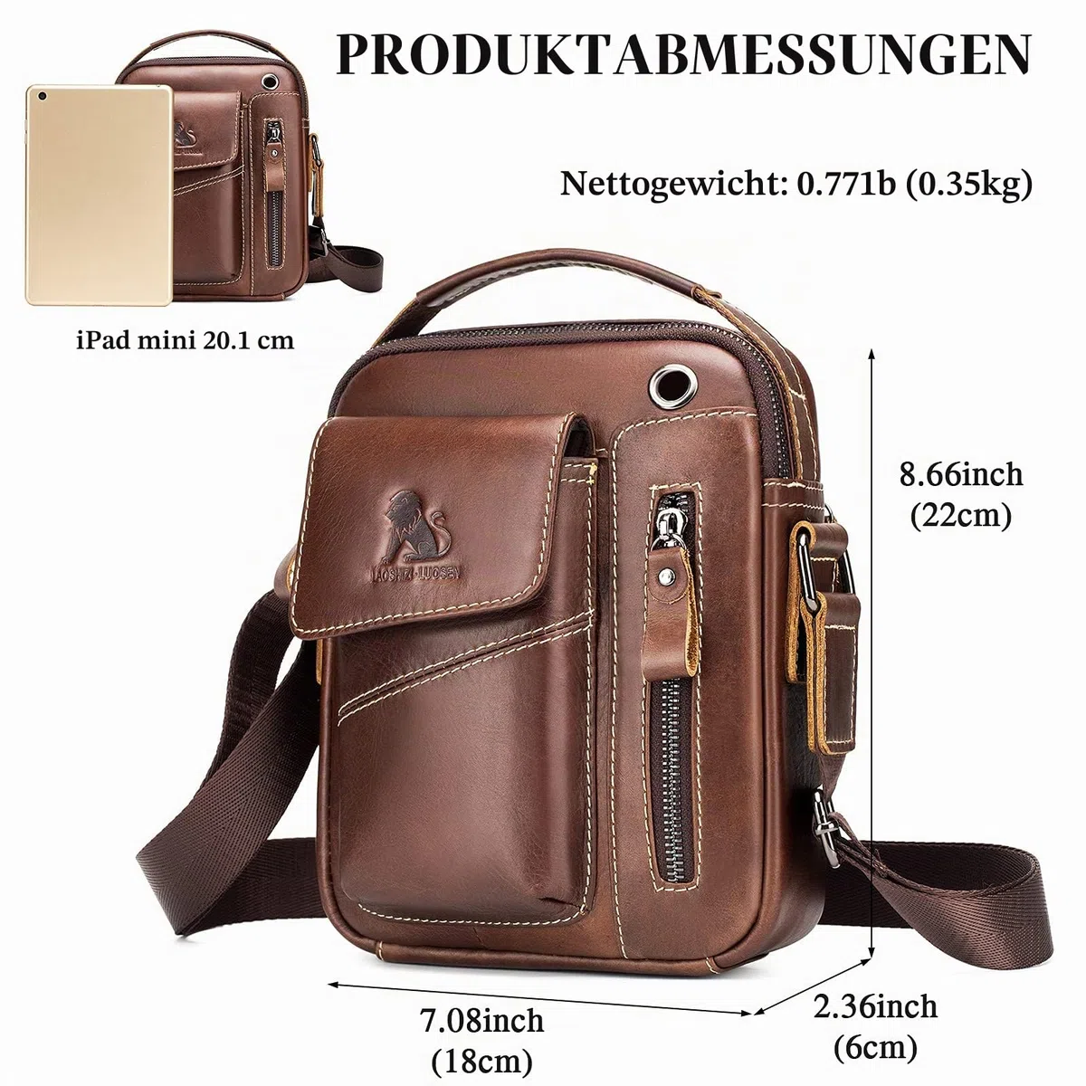 BAIGIO Umhängetasche Herren Leder Schultertasche Vintage Crossbody Bag Messenger Herrentasche zum Umhängen Ledertasche Männer Tasche mit Verstellbarem Gurt für Business Arbeit Reise, Braun