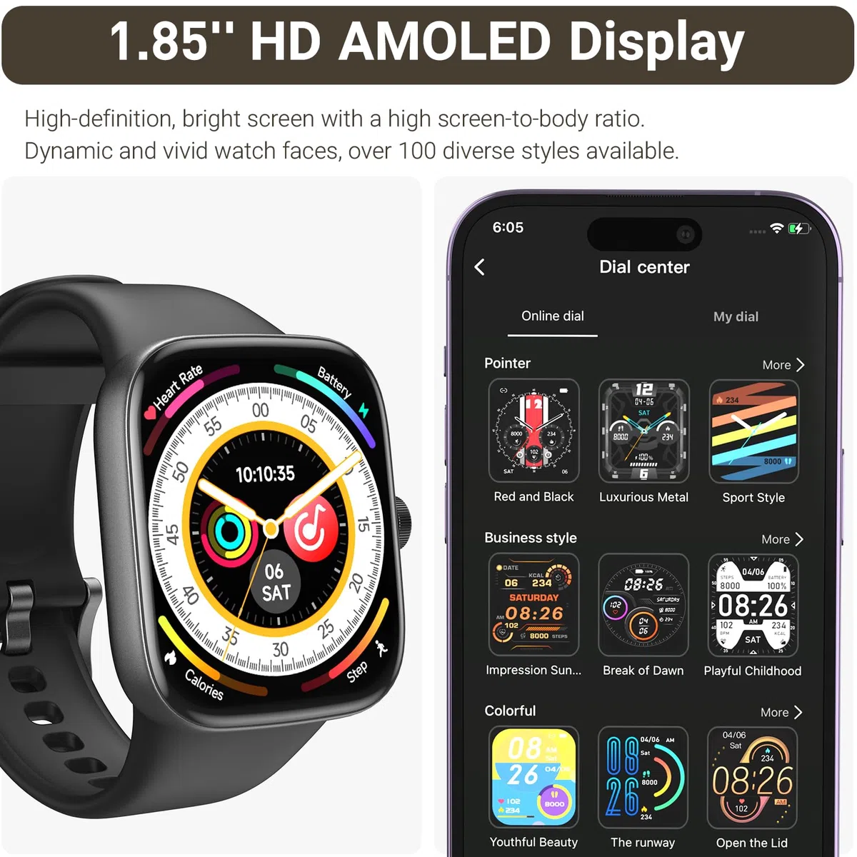 TOZO S7 Smartwatch Damen Herren, 1.85” AMOLED HD Screen Sportuhr mit Bluetooth Anruf, Fitnessuhr mit 100 Sportmodi, Herzfrequenz SchlafMonitor Schrittzähler, IP68 Wasserdicht für Android iOS - Schwarz
